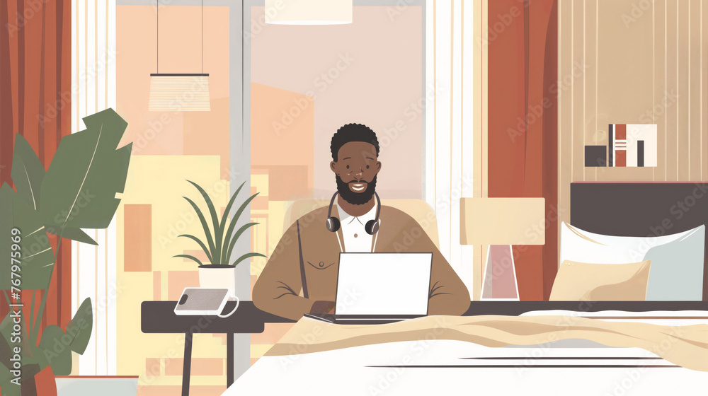 Illustration of a business professional working on a laptop from the comfort of a well-appointed home interior Illustration of a business professional working on a laptop from the comfort of a well-appointed home interior