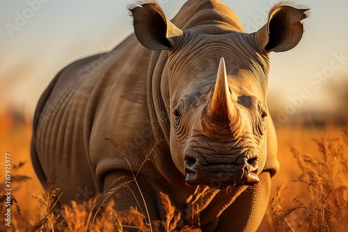 Rhino grazing in the sunny African savannah.  generative IA