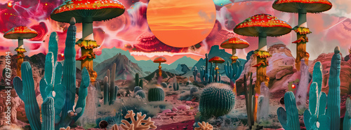 Surreal Desert Landscape with Giant Mushrooms and Cacti at Sunset
