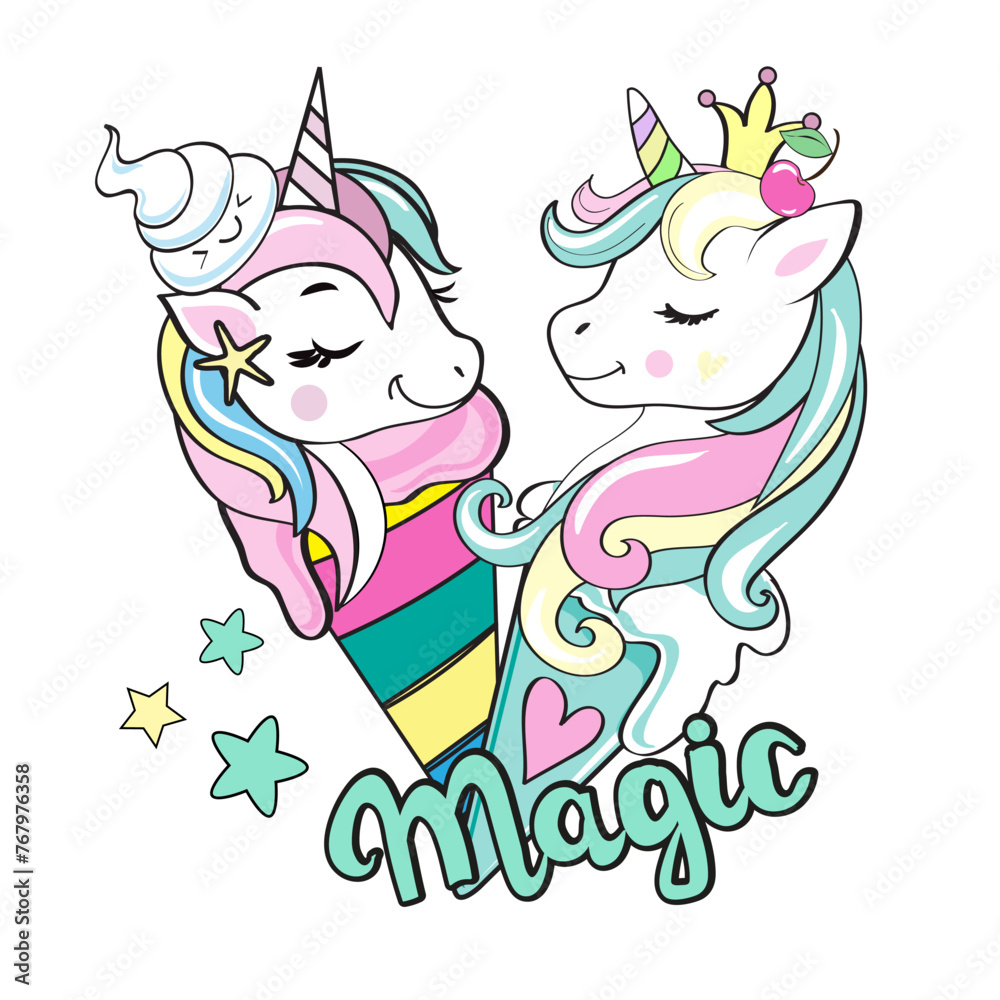 Cute unicorn ice cream in kawaii style. Vector cartoon illustration isolated