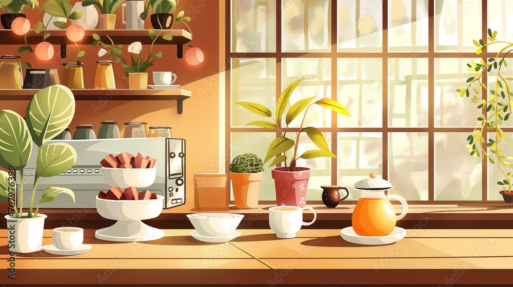 Warm and inviting digital illustration of a cozy tea house interior bathed in sunlight Warm and inviting digital illustration of a cozy tea house interior bathed in sunlight