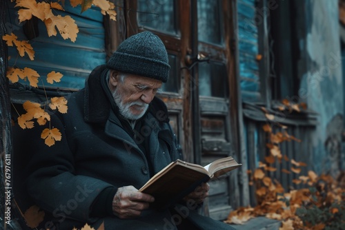 Contemplative Senior Man Reading by Autumn Leaves