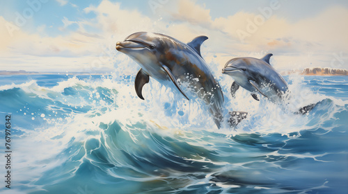Explore the playful spirit of marine life with this captivating digital painting of dolphins leaping over ocean waves. © NaphakStudio
