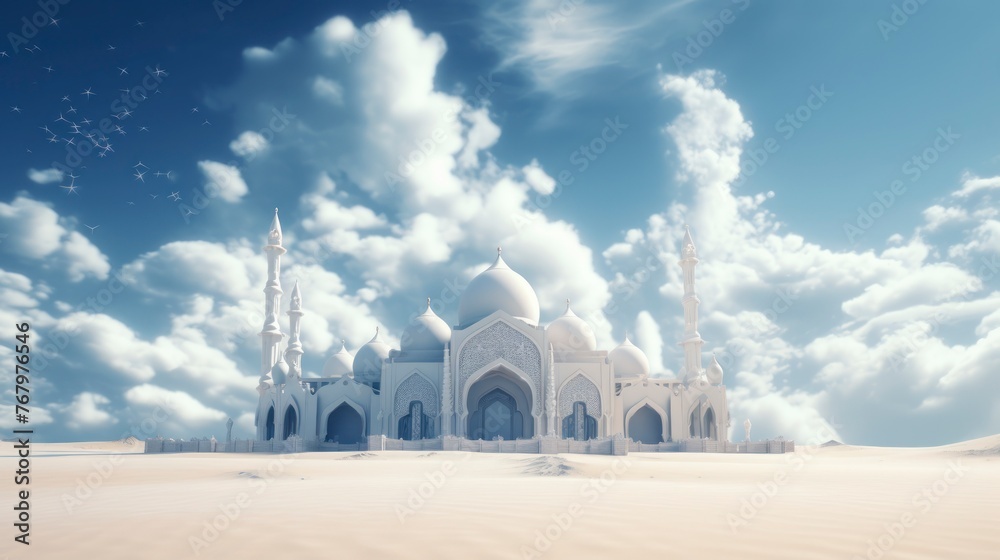 White mosque in the desert with blue sky behind - obrazy, fototapety, plakaty 