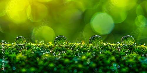 Fresh Morning Dew on Green Nature, Spring Raindrops, Abstract Light Background