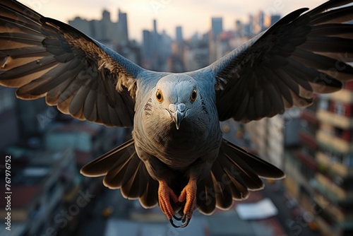 Pigeon flying skillfully between urban buildings., generative IA photo