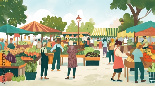 Colorful illustration of a vibrant farmers market scene with shoppers and fresh produce stalls