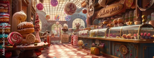 A magical bakery where the sweets float around, each with its own personality.
