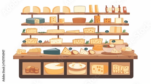 Colorful illustration of a charming specialty cheese store display with various cheese types