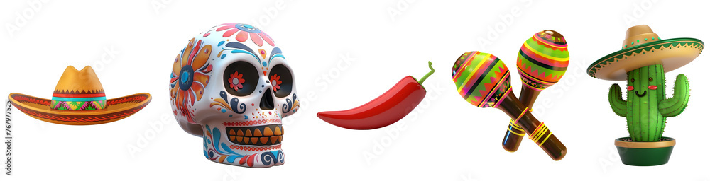 Simple Cartoon 3D Illustration Render of Maracas, Cactus, Painted Skull, Calavera, Sombrero, Mexican Hat, and Mexican Rattle for Mexican Party, Isolated on Transparent Background, PNG