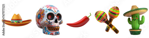 Simple Cartoon 3D Illustration Render of Maracas, Cactus, Painted Skull, Calavera, Sombrero, Mexican Hat, and Mexican Rattle for Mexican Party, Isolated on Transparent Background, PNG