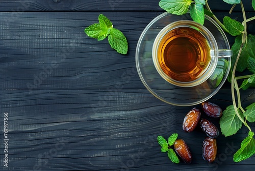 Tea cup glass, dates and mint leaf on black wooden background. photo