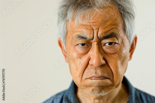 怒っている顔のシニアの日本人男性（おじいさん・おじいちゃん・イライラ・不満・ストレス） photo