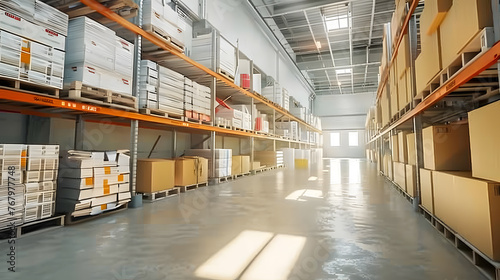 Warehouse with many boxes, white light