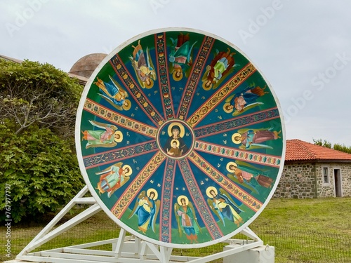 Artistic sculpture of a wheel, painted in vivid colors: Cape Yason - Yason Burnu - Ordu, Turkey photo