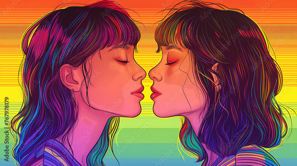 asian girl homosexual with gay flag. lesbian couple, LGBTQ flag