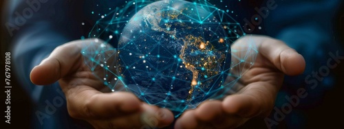 A pair of hands holding a digital globe protected by a GenAI-powered cybersecurity shield, symbolizing global cyber defense.
