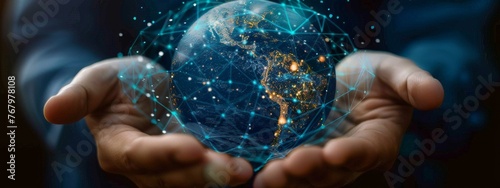 A pair of hands holding a digital globe protected by a GenAI-powered cybersecurity shield, symbolizing global cyber defense. photo