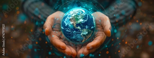 A pair of hands holding a digital globe protected by a GenAI-powered cybersecurity shield, symbolizing global cyber defense.