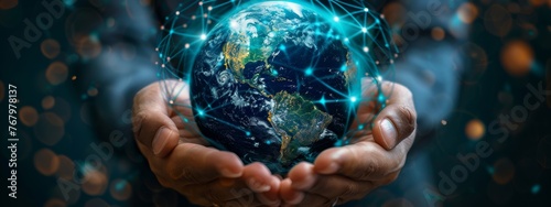 A pair of hands holding a digital globe protected by a GenAI-powered cybersecurity shield, symbolizing global cyber defense. photo