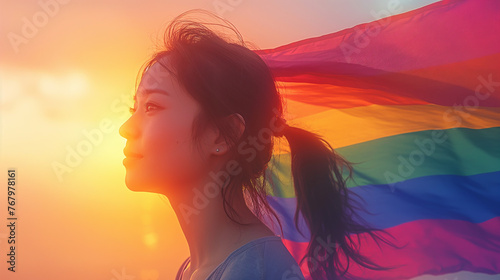 asian girl homosexual with gay flag. lesbian couple, symbolic expression LGBTQ flag
