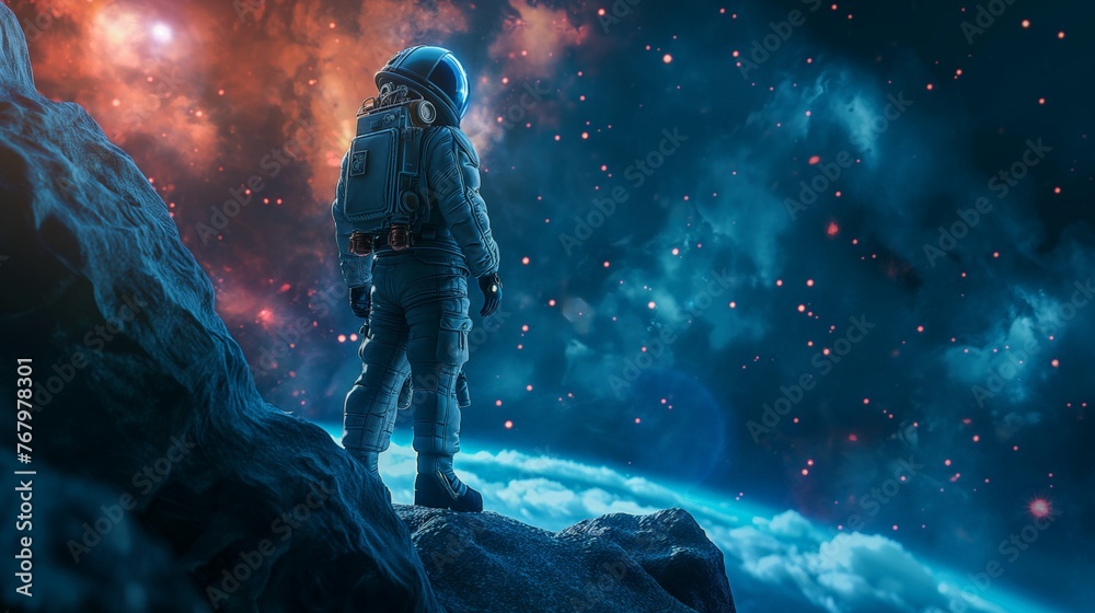 An astronaut stands on an alien surface, looking out into a star-filled nebula, evoking exploration and wonder.