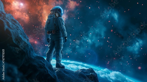 An astronaut stands on an alien surface, looking out into a star-filled nebula, evoking exploration and wonder.
