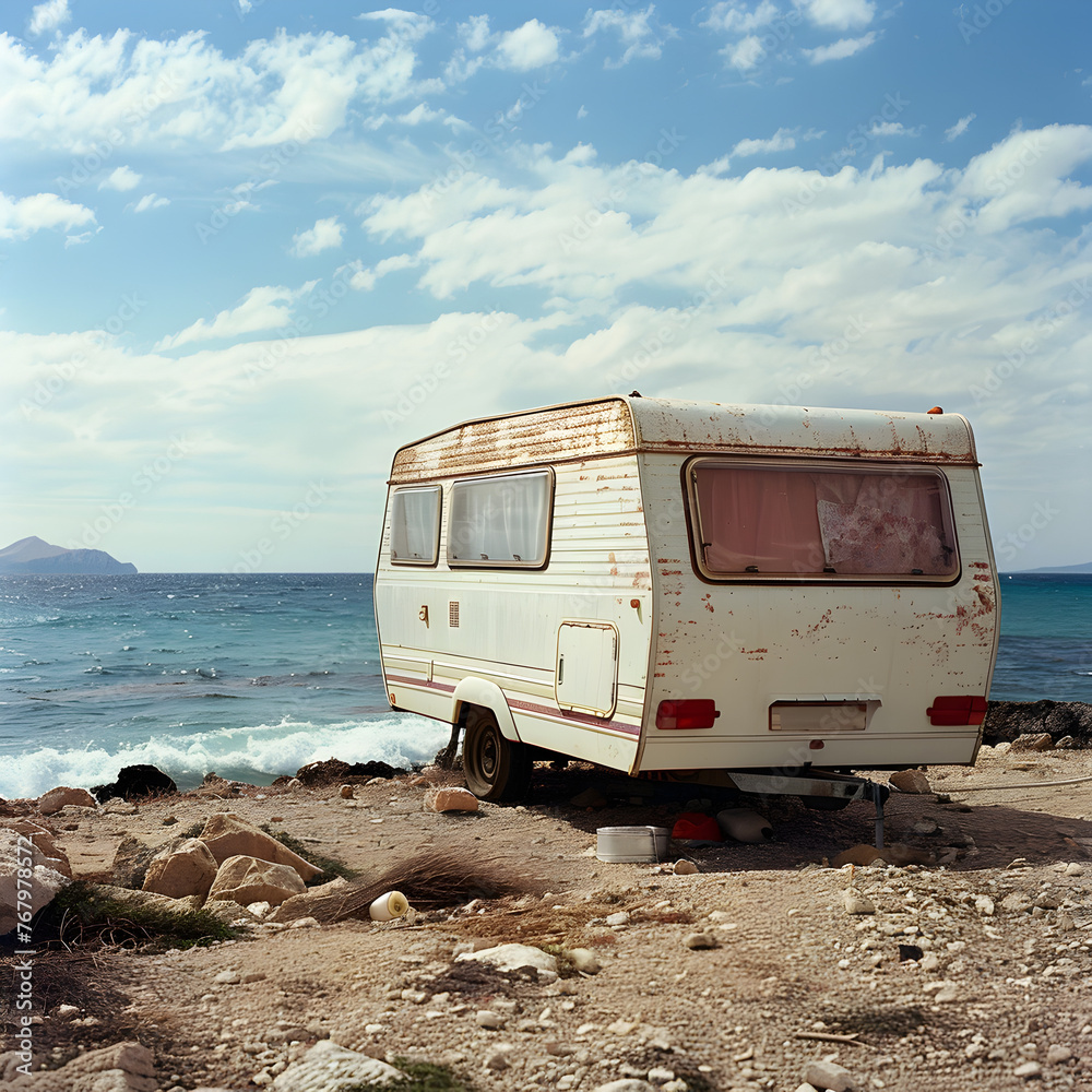 Caravan camping on coast, Spain. 