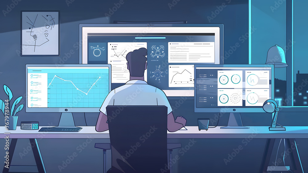 Man working at desk on modern computer back side view illustration. Modern user interface on screen Man working at desk on modern computer back side view illustration. Modern user interface on screen