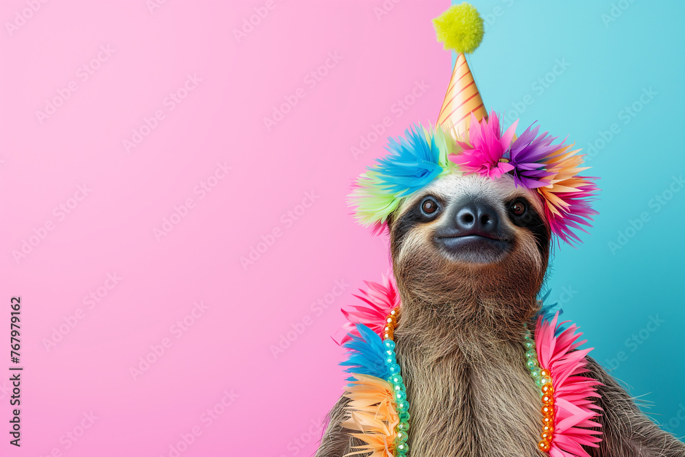 Fototapeta premium A colorful sloth wearing a party hat and a colorful flower garland. The sloth is smiling and looking at the camera