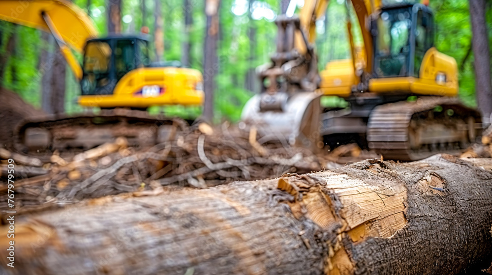 Fototapeta premium Heavy Machinery in Forestry, Bulldozer for Land Clearing, Yellow Excavator at Work, Industrial Site