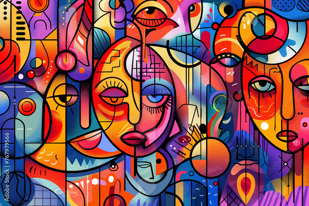 A colorful painting of faces