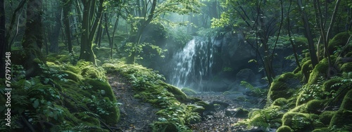 A quiet, moss-covered forest path leading to a hidden waterfall. photo