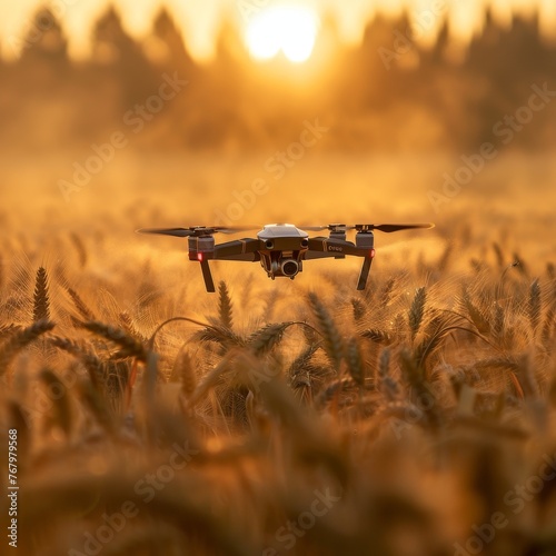 Drone hovers over golden wheat field precision spraying eco-friendly pesticide © Naret
