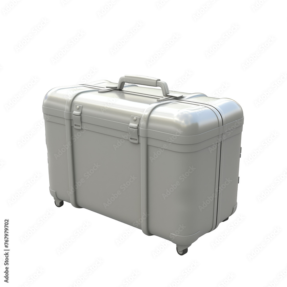 A suitcase is shown in a white background. The suitcase is silver and has a handle A suitcase is shown in a white background. The suitcase is silver and has a handle