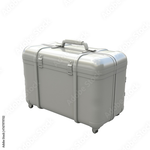 A suitcase is shown in a white background. The suitcase is silver and has a handle
