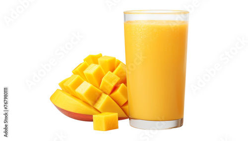 mango juice and slices of mango isolated on transparent background cutout