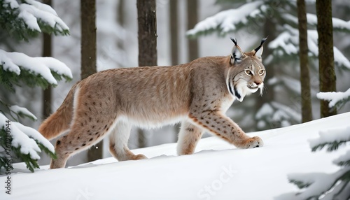 A Lynx Prowling Through A Snowy Forest Its Fur Bl © Kauf