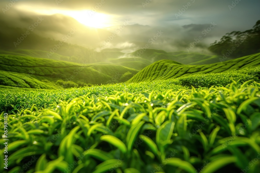 Lush green tea plantation at sunrise with mist rolling over distant hills, bathed in warm sunlight Lush green tea plantation at sunrise with mist rolling over distant hills, bathed in warm sunlight