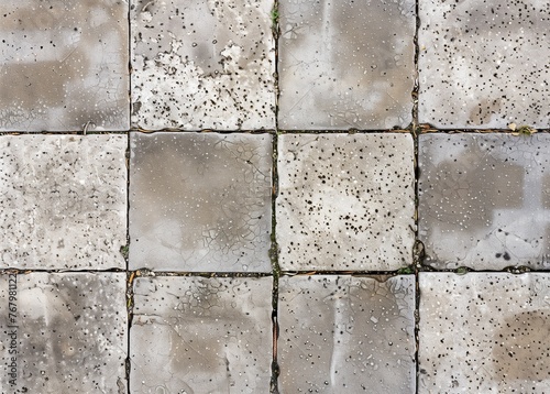 Coating with modern textured paving tiles of square shape.