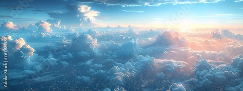 A serene, high-altitude view of clouds with digital structures visible below, symbolizing oversight and protection by GenAI in cybersecurity.