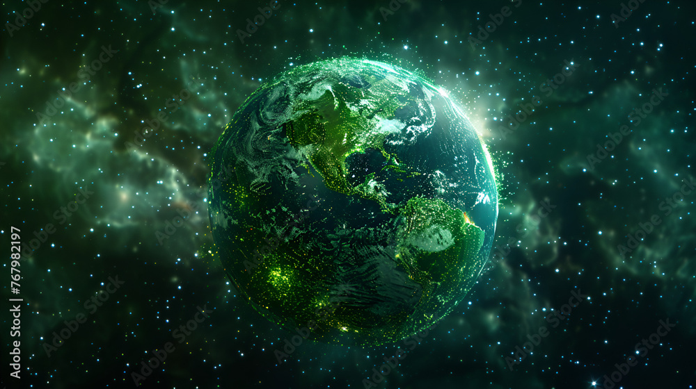 Digital green futuristic globe viewed from space, in the stars, view of the earth, our planet, ai, cyber, eco, climate. Generative Ai  
