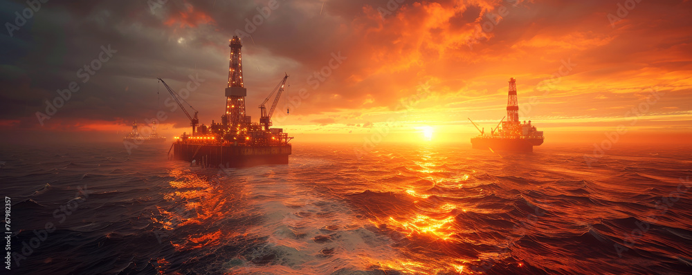 Offshore oil rigs stand against dramatic backdrop of fiery sunset over ocean. Water reflects intense orange of sky highlighting industrial silhouette of rigs amidst turbulent sea