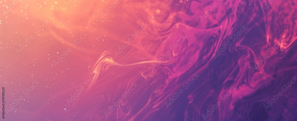 Abstract cosmic flow with a gradient from deep purple to radiant orange, speckled with stars, creating a galaxy effect. - obrazy, fototapety, plakaty 