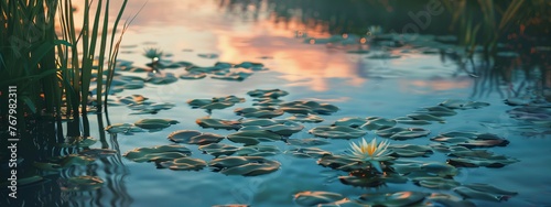 A serene pond with water lilies, reflecting a clear, twilight sky.