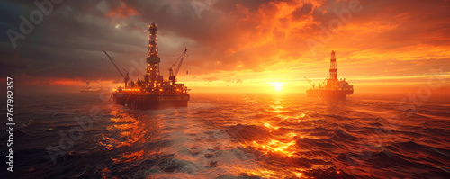 Offshore oil rigs stand against dramatic backdrop of fiery sunset over ocean. Water reflects intense orange of sky highlighting industrial silhouette of rigs amidst turbulent sea © Bonsales