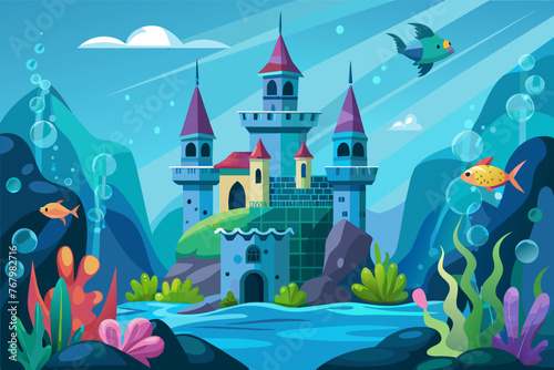 underwater mermaid castle with three towers  