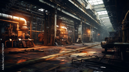 Abandoned factory halls with rusted machinery  capturing the eerie beauty of decay.