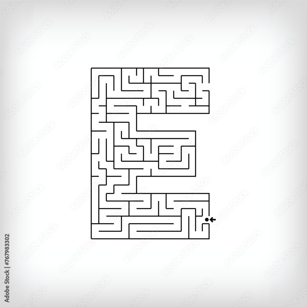 Unique linear letter E maze puzzle. Confusing game and educational activity set. Unique linear letter E maze puzzle. Confusing game and educational activity set.