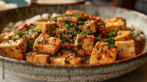 Dish of vegan fried tofu with scallions on a table.